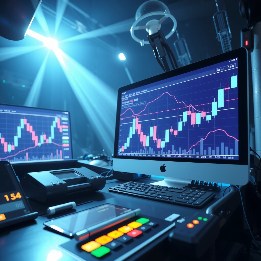 Deep Space Trading game interface showing candlestick charts in cosmic setting